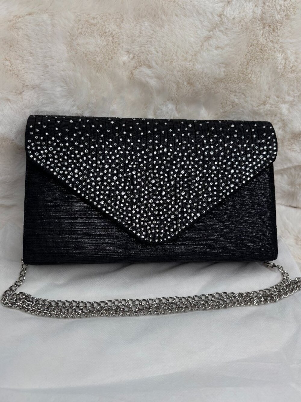 Dasein Women's Black Satin W/Rhinestones Evening Clutch Purse, Crossbody - Picture 2 of 16